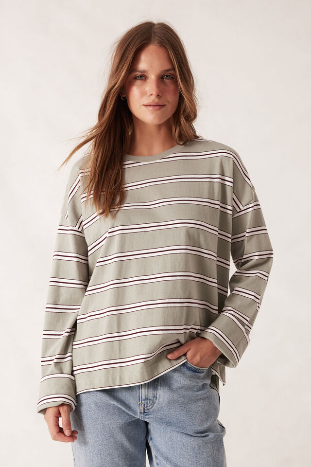 Slouchy Long Sleeve Tee - Soft Sage Retro Stripe