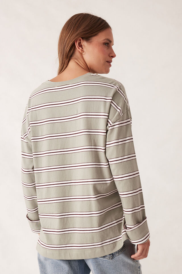 Slouchy Long Sleeve Tee - Soft Sage Retro Stripe