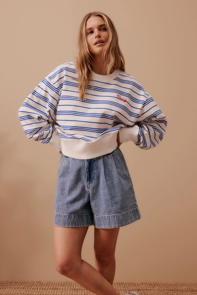 Charlie Cropped Slouchy Crew - Warm White Blue Azure Stripe