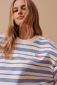 Charlie Cropped Slouchy Crew - Warm White Blue Azure Stripe