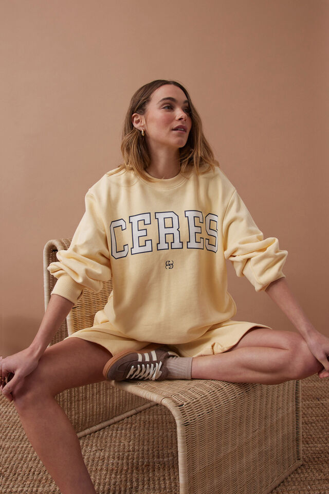 Isla Oversized Slouchy Crew - Sunny Yellow Heritage Logo
