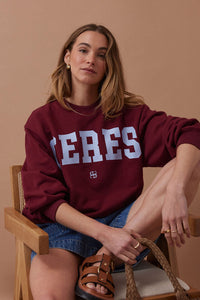 Isla Oversized Slouchy Crew - Burgundy Blue Heritage Logo