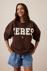 Isla Oversized Slouchy Crew - Chocolate Heritage Logo