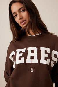 Isla Oversized Slouchy Crew - Chocolate Heritage Logo