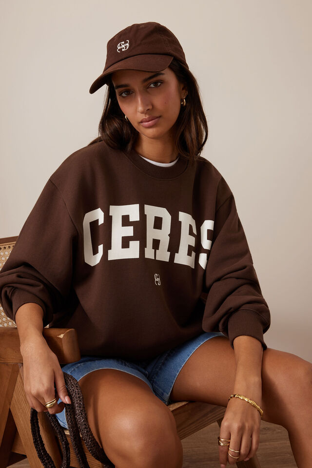 Isla Oversized Slouchy Crew - Chocolate Heritage Logo