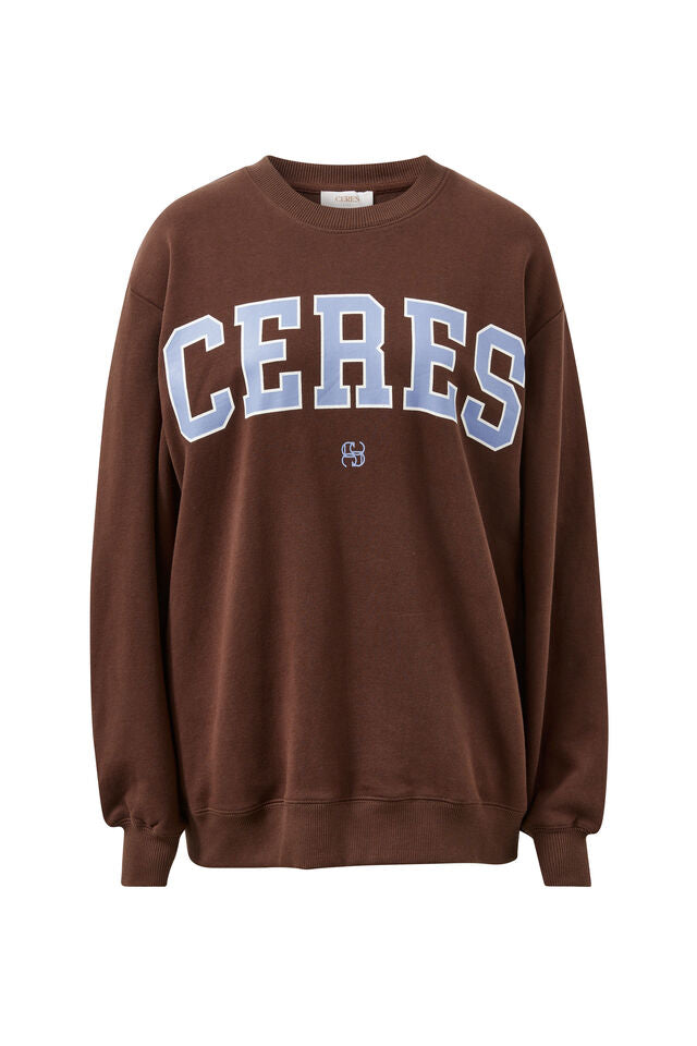 Isla Oversized Slouchy Crew - Brunette Brown Buff Sky Blue Heritage Logo