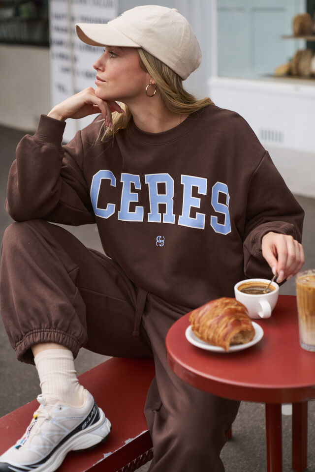 Isla Oversized Slouchy Crew - Brunette Brown Buff Sky Blue Heritage Logo