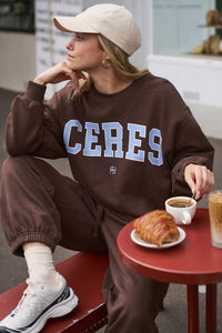 Isla Oversized Slouchy Crew - Brunette Brown Buff Sky Blue Heritage Logo