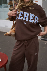 Isla Oversized Slouchy Crew - Brunette Brown Buff Sky Blue Heritage Logo
