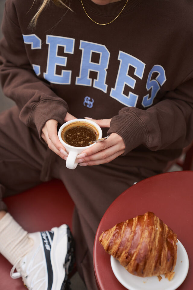 Isla Oversized Slouchy Crew - Brunette Brown Buff Sky Blue Heritage Logo