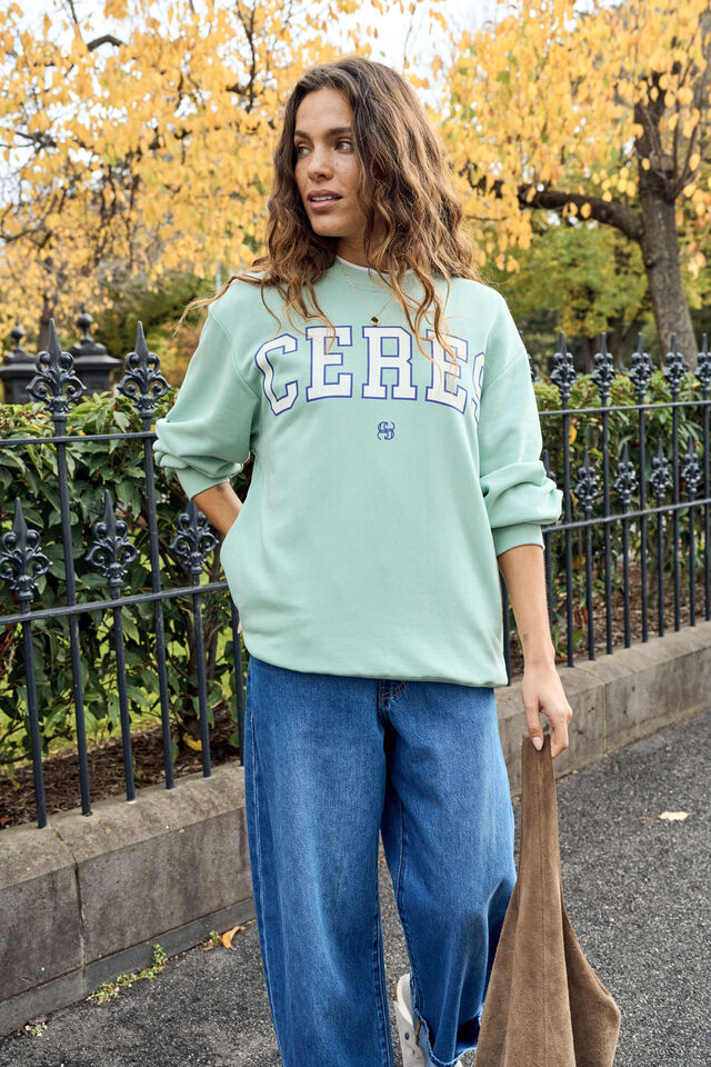Isla Oversized Slouchy Crew - Seafoam/Polo Blue Heritage Logo
