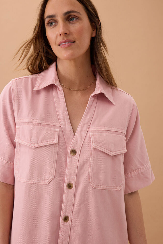 Sammy  Relaxed Shirt Dress - Washed Pink