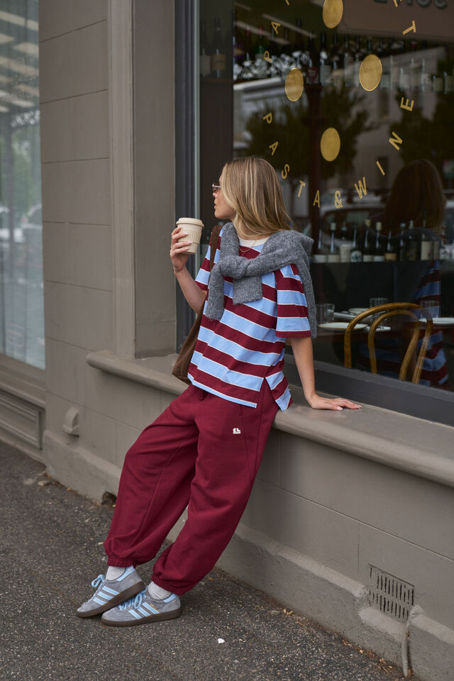 Bowie Barrel Leg Trackpant - Burgundy Contrast Buff Bind