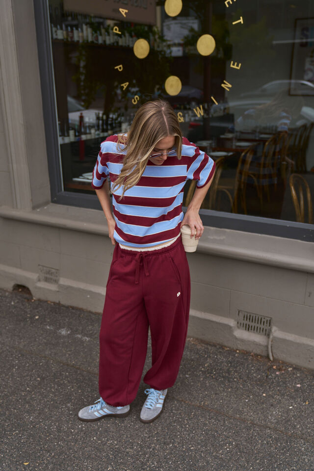 Bowie Barrel Leg Trackpant - Burgundy Contrast Buff Bind