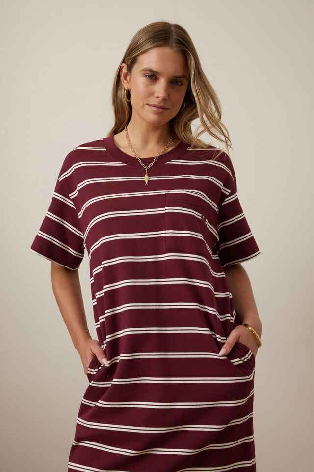 Charlotte Midi Terry Dress - Burgundy Milk Stripe