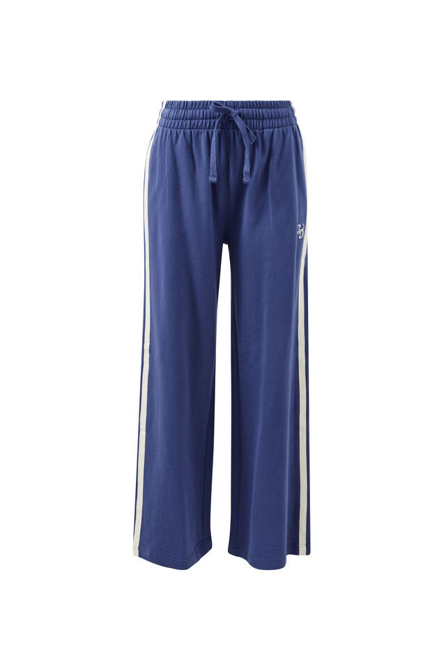 Gigi Wide Leg Terry Trackpant - Washed Navy Side Stripe