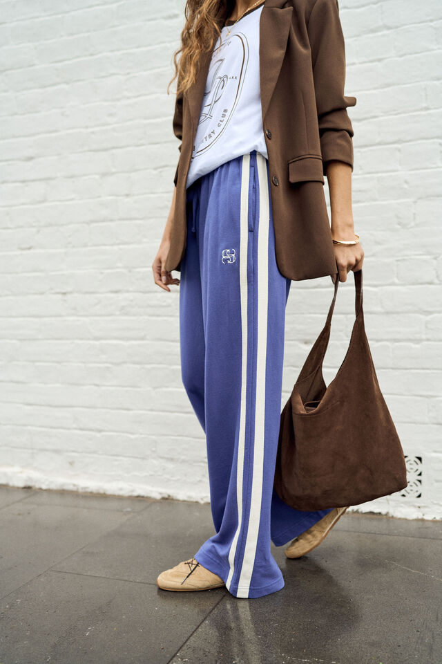 Gigi Wide Leg Terry Trackpant - Washed Navy Side Stripe