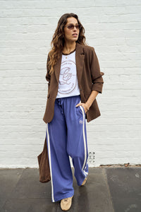 Gigi Wide Leg Terry Trackpant - Washed Navy Side Stripe