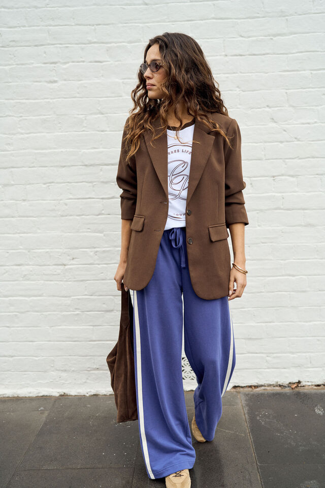 Gigi Wide Leg Terry Trackpant - Washed Navy Side Stripe