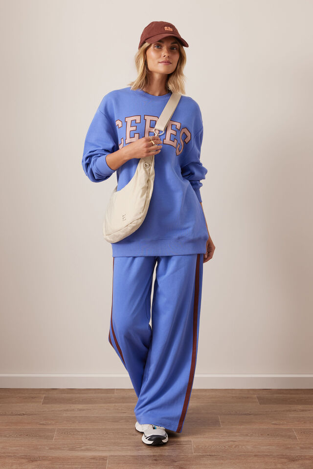 Gigi Wide Leg Terry Trackpant - Vintage Blue Mixed Side Stripe