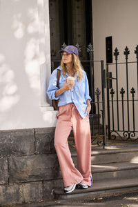 Gigi Wide Leg Terry Trackpant - Pink Clay Washed Navy Side Stripe
