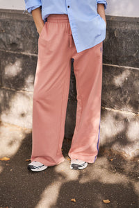 Gigi Wide Leg Terry Trackpant - Pink Clay Washed Navy Side Stripe
