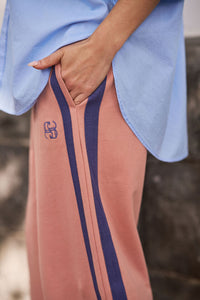Gigi Wide Leg Terry Trackpant - Pink Clay Washed Navy Side Stripe