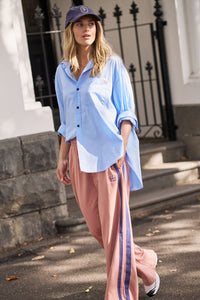 Gigi Wide Leg Terry Trackpant - Pink Clay Washed Navy Side Stripe