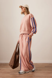 Gigi Wide Leg Terry Trackpant - Pink Clay Washed Navy Side Stripe