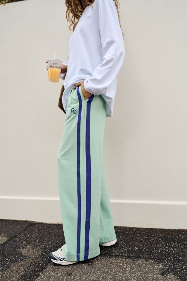 Gigi Wide Leg Terry Trackpant - Seafoam/Polo Blue Side Stripe