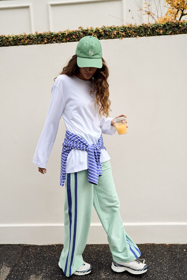 Gigi Wide Leg Terry Trackpant - Seafoam/Polo Blue Side Stripe