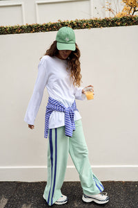 Gigi Wide Leg Terry Trackpant - Seafoam/Polo Blue Side Stripe