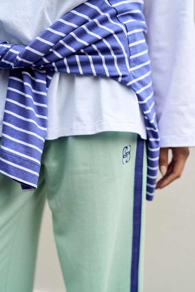 Gigi Wide Leg Terry Trackpant - Seafoam/Polo Blue Side Stripe