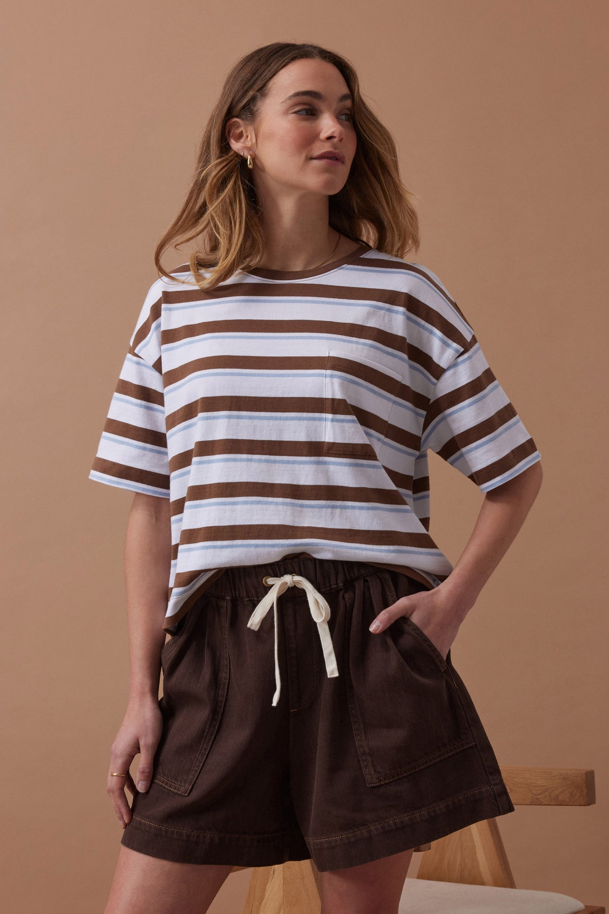 Boxy Pocket Tee - White/milk Choc Chalk Stripe