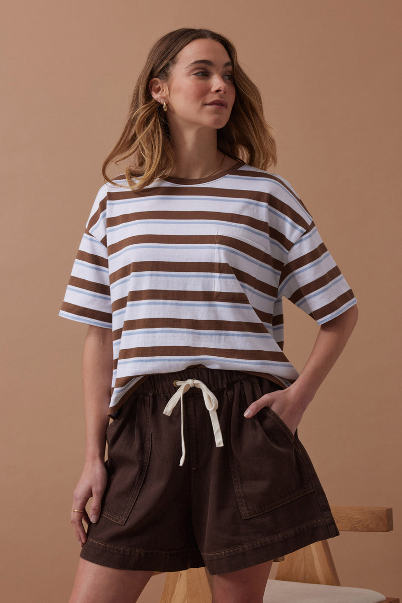 Boxy Pocket Tee - White/milk Choc Chalk Stripe