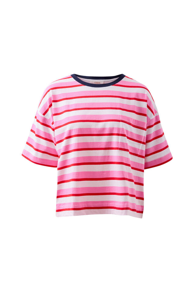 Boa Boxy Pocket Tee - Hibiscus/Heritage Red Stripe