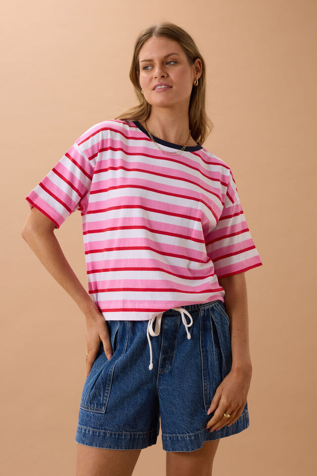 Boa Boxy Pocket Tee - Hibiscus/Heritage Red Stripe