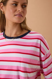 Boa Boxy Pocket Tee - Hibiscus/Heritage Red Stripe
