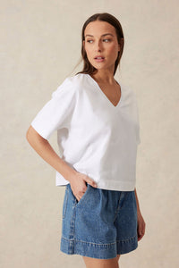 Boxy V Neck Tee - White
