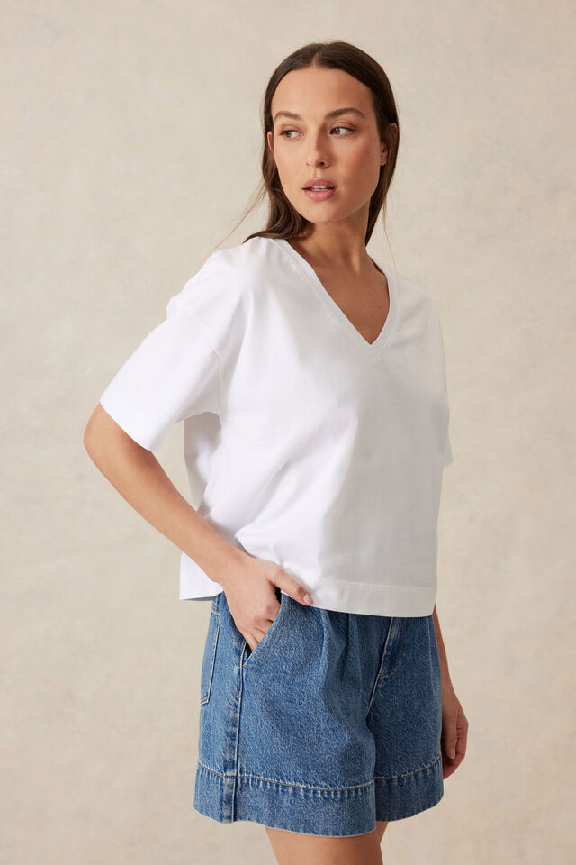 Boxy V Neck Tee - White