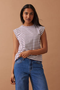 Extended Shoulder Tee - White/Pomegranate Stripe