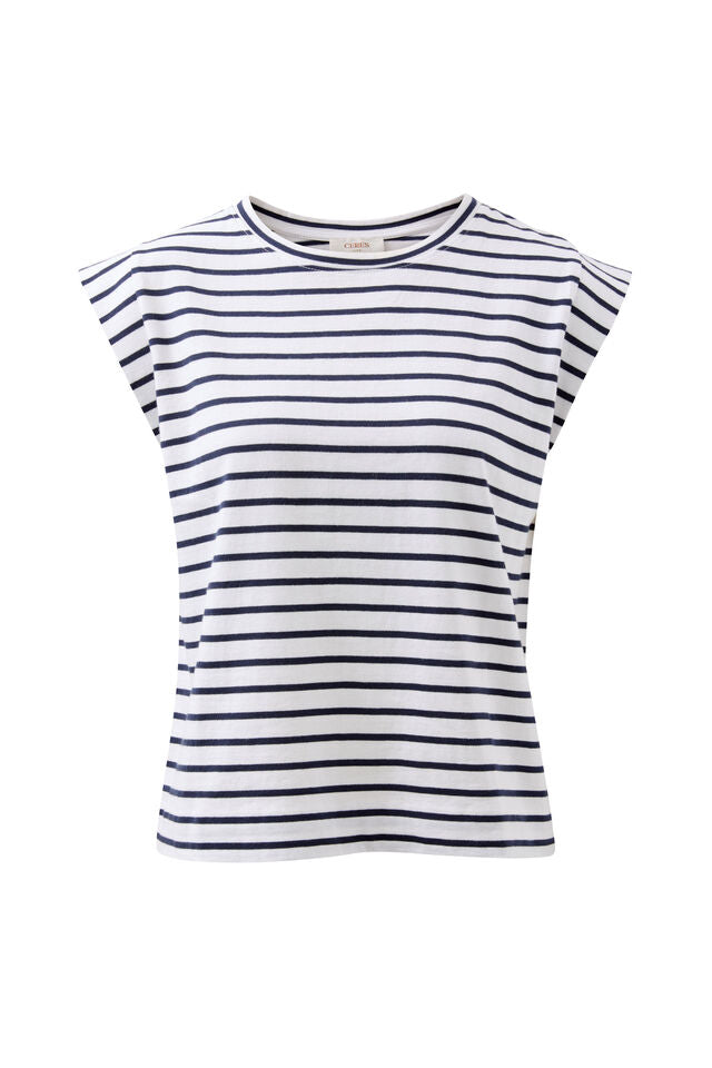 Extended Shoulder Tee - White/French Navy Stripe