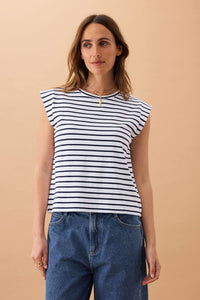 Extended Shoulder Tee - White/French Navy Stripe
