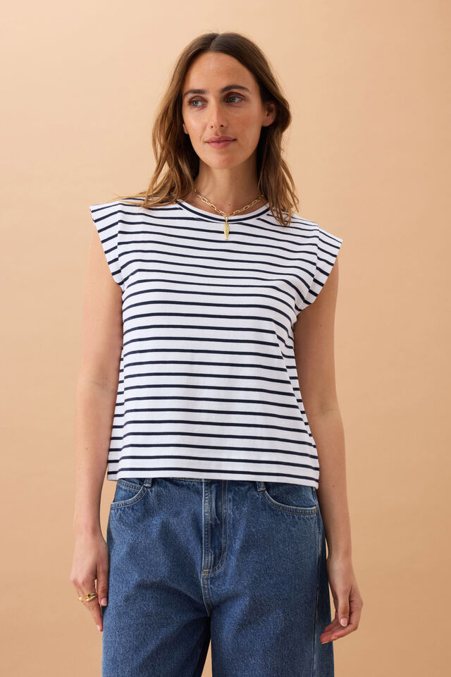 Extended Shoulder Tee - White/French Navy Stripe