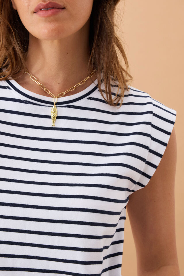 Extended Shoulder Tee - White/French Navy Stripe