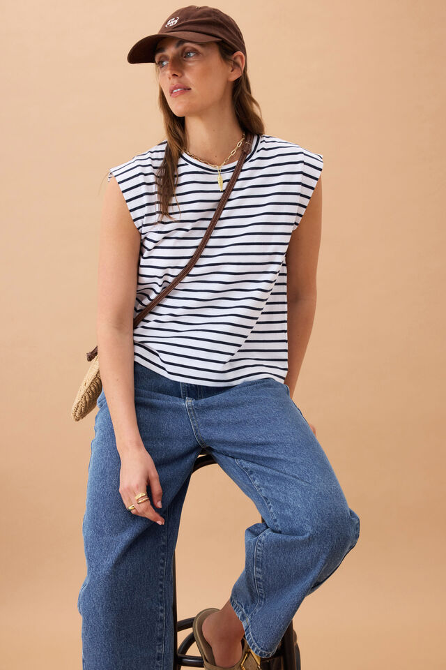 Extended Shoulder Tee - White/French Navy Stripe
