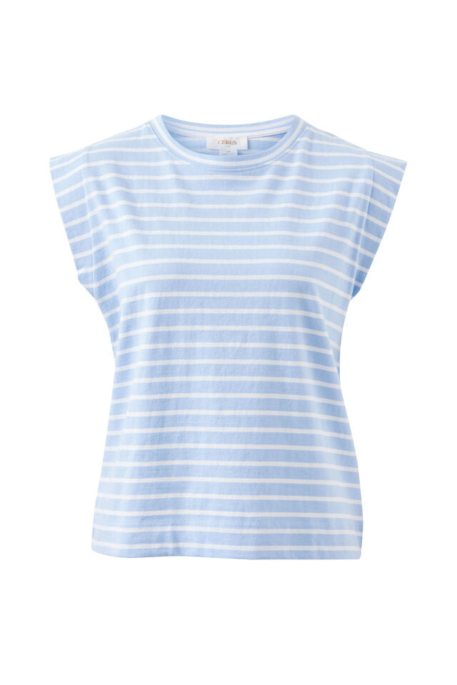 Esme Extended Shoulder Tee - China Blue/White Stripe