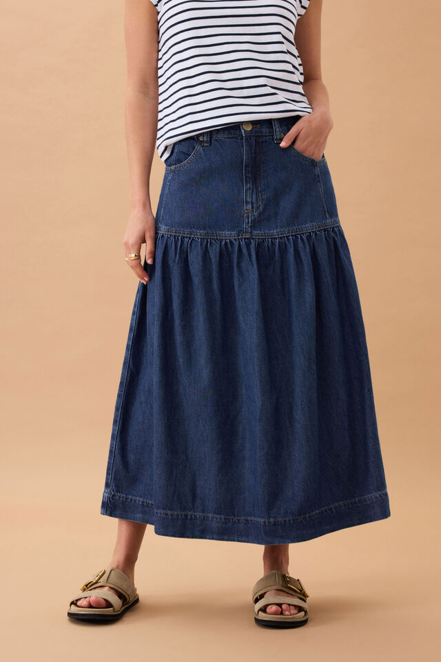 Drop Waist Denim Midi Skirt - Caspian Blue