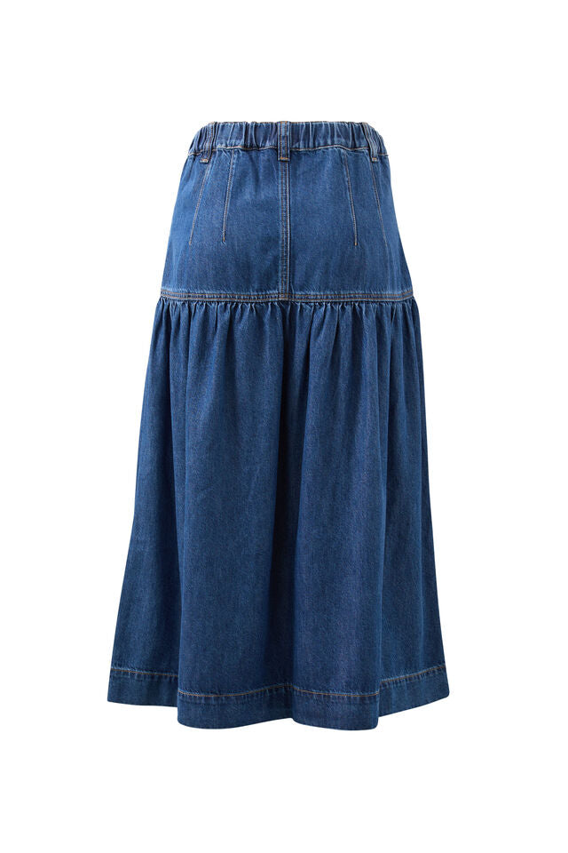 Drop Waist Denim Midi Skirt - Caspian Blue