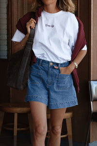 Tully Boyfriend Tee - White/Ceres Script Pomegranate Embroidery